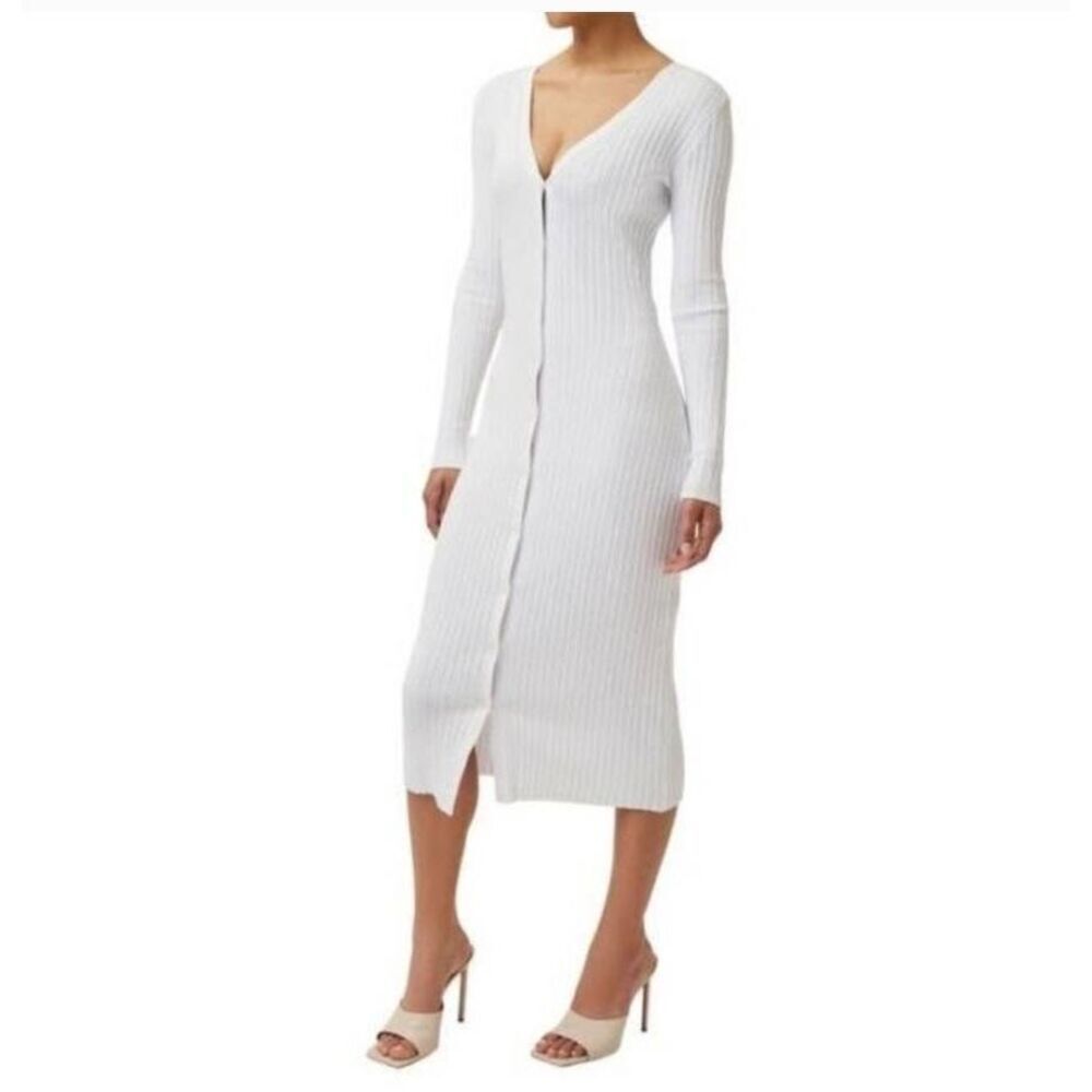 NWT LITA By Ciara Icon Rib V Neck Cardigan Button Front Midi Dress - White L